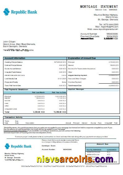 Grenada Republic bank mortgage statement